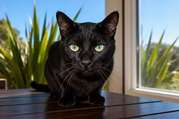 窗边木质平台上的黑色短毛猫