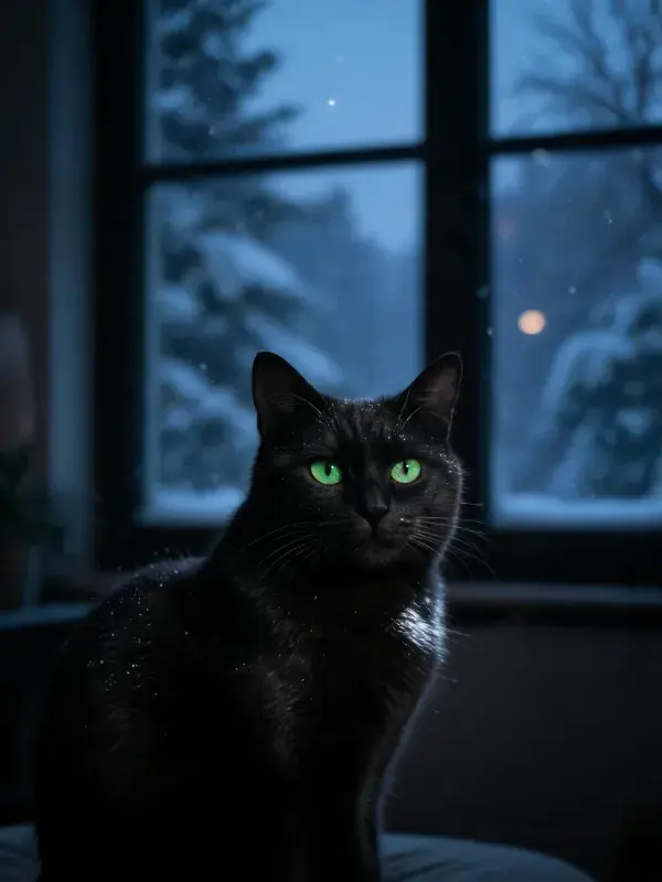 阴暗室内雪夜短毛家猫图景