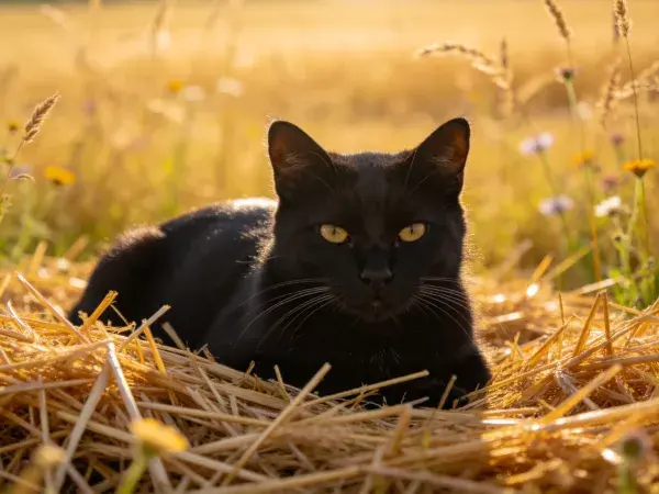 阳光下稻草堆里的短毛黑猫