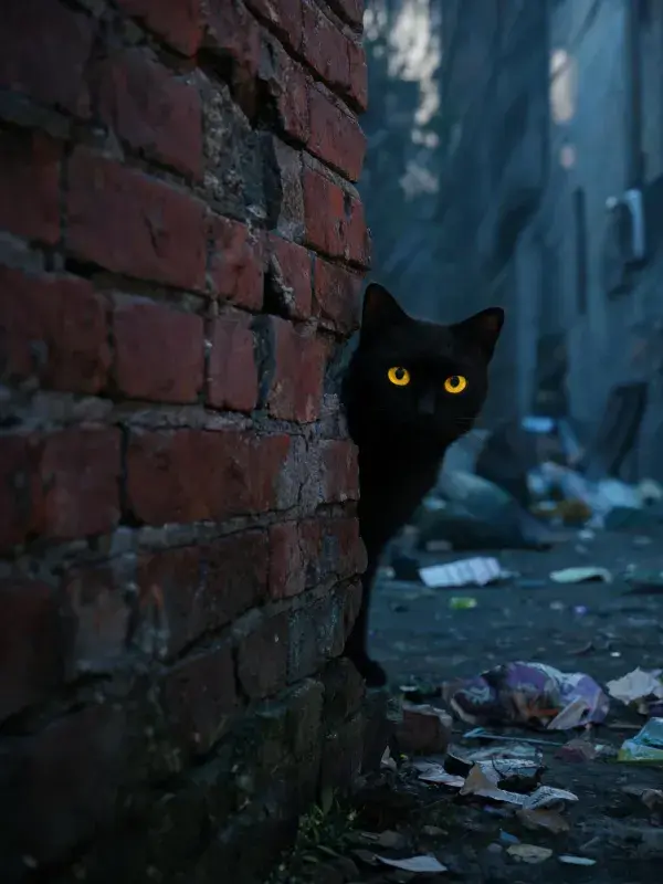 砖墙旁的黑猫探视场景