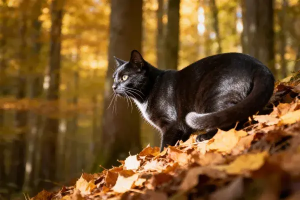 阳光下落叶中的黑白短毛家猫观察场景