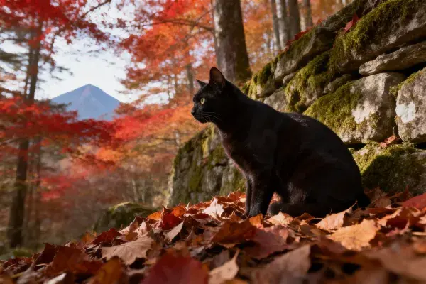 石墙旁短毛黑猫的秋景观察