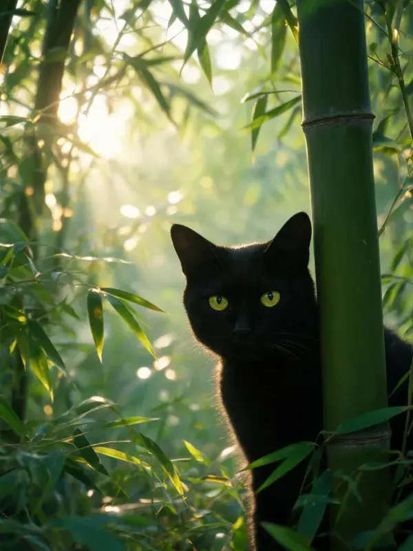 竹林间短毛家猫的探望姿态