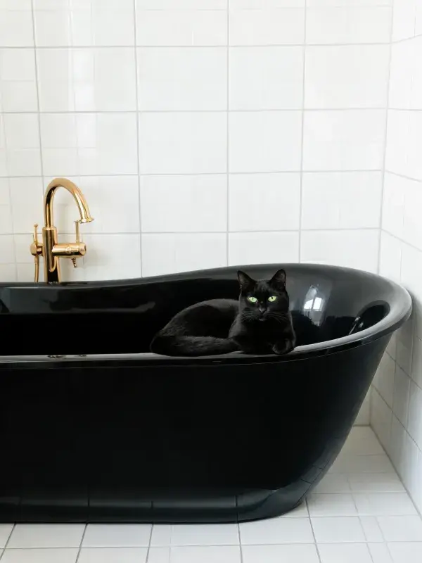 白色瓷砖浴室中黑色短毛家猫