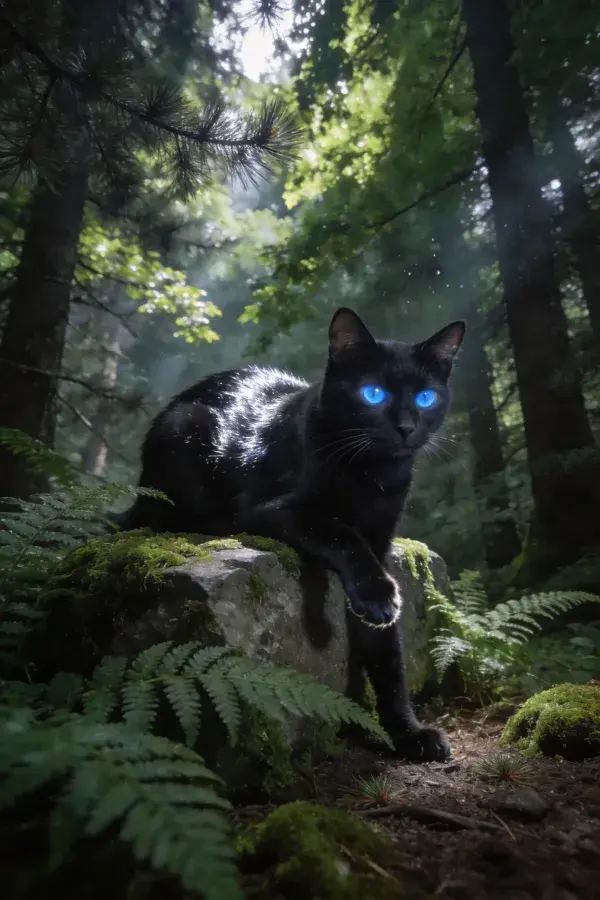 森林苔藓岩石上的短毛家猫