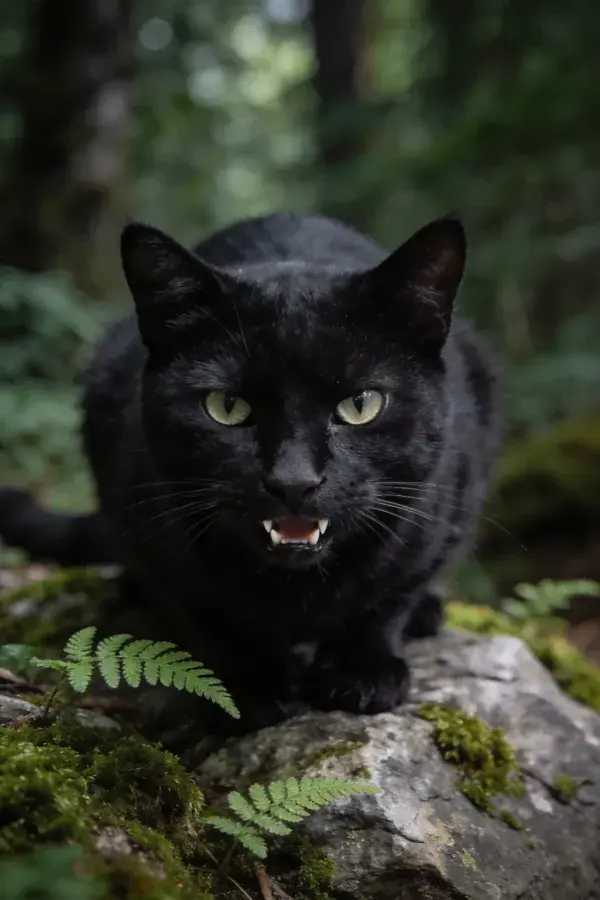 黑色短毛家猫蹲伏岩石间