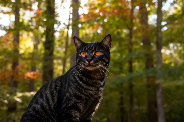 森林秋景中的短毛虎斑猫
