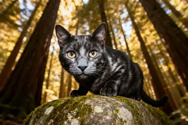阳光森林中的短毛虎斑猫