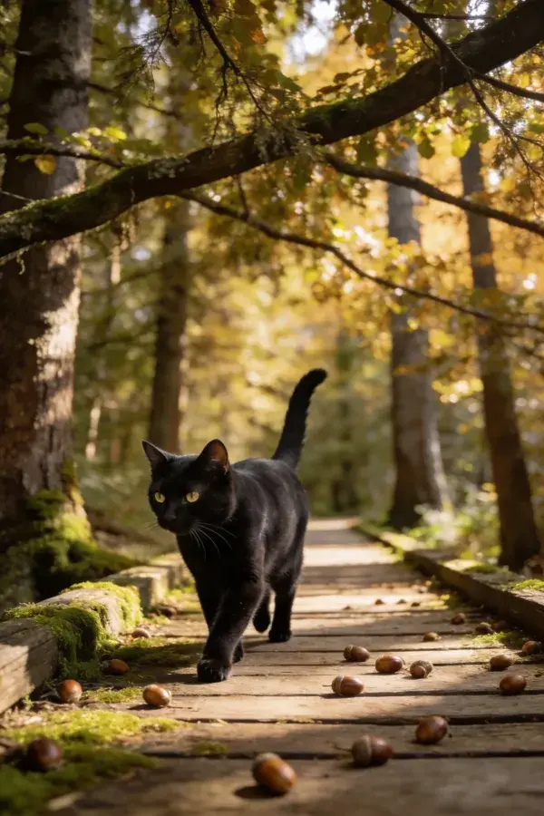 秋日森林中短毛黑猫漫步木栈道