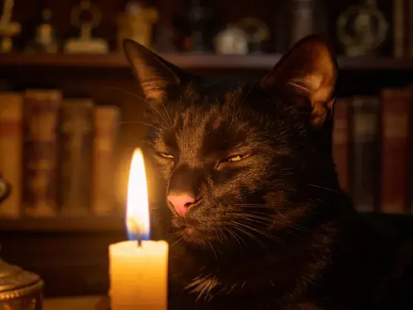 短毛家猫在烛光旁的书房场景
