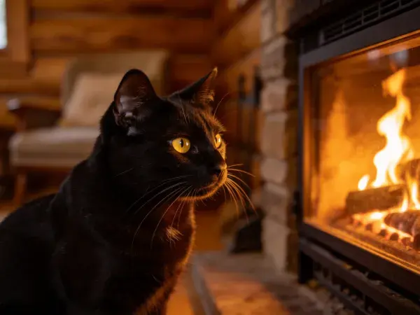 壁炉旁短毛黑猫观察火焰场景