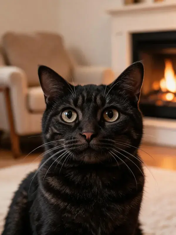 客厅暖光下的短毛虎斑猫特写