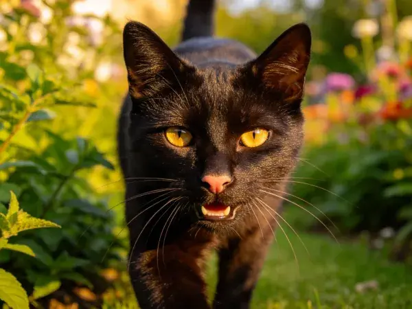 花园中行走的黑色短毛家猫