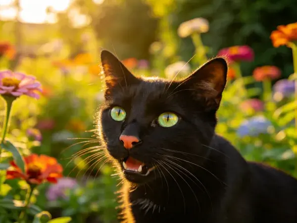 花园中短毛家猫观察花草场景