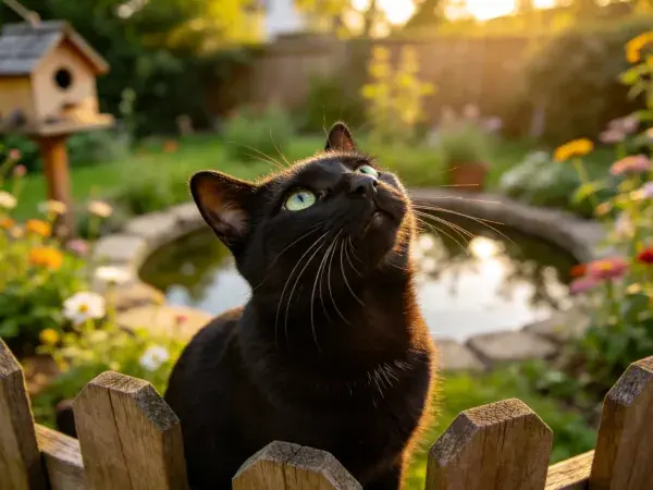 木栅栏旁绿眼短毛家猫观察景象