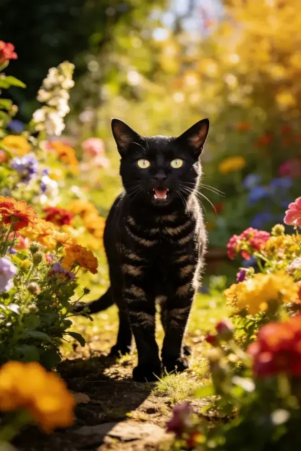 短毛虎斑家猫漫步花园小径