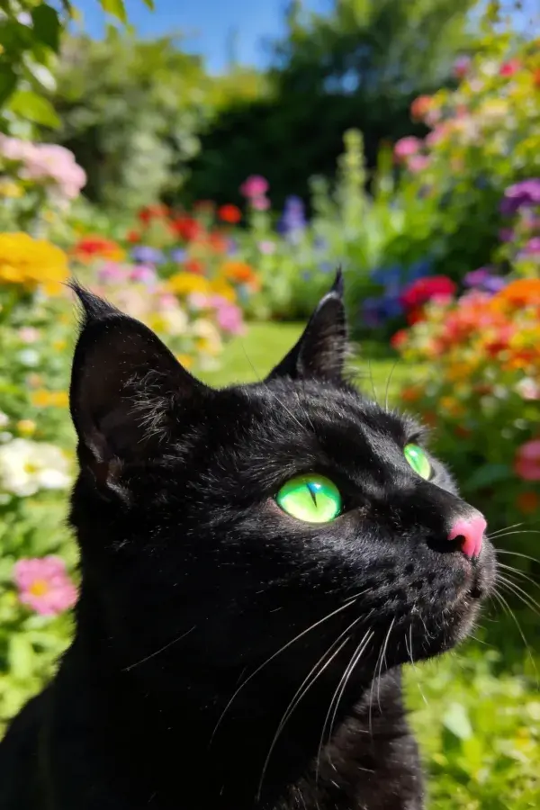 花园里黑绿眼短毛家猫特写