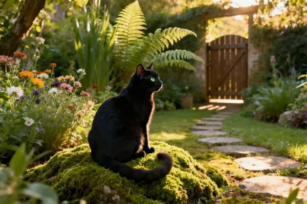 花园苔藓上的短毛黑猫