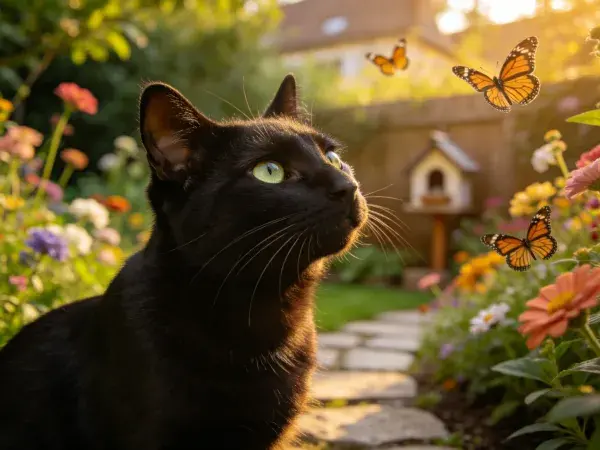 阳光下花园里的短毛黑猫与蝴蝶