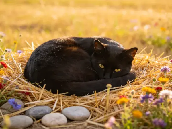 短毛家猫在稻草堆上休憩