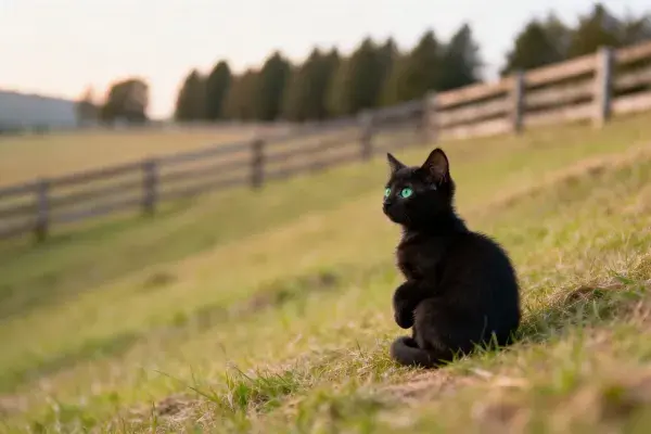 黑色短毛家猫在草地围栏旁凝视