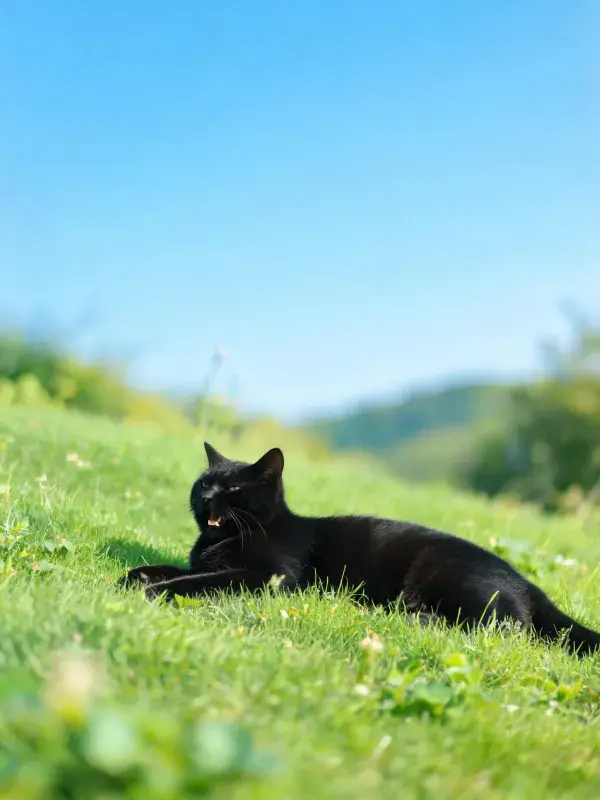 短毛家猫在草地上的舒展姿态