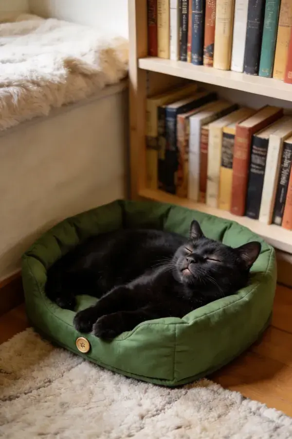 短毛家猫在绿色宠物床休息