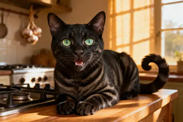阳光厨房内短毛虎斑猫的姿态