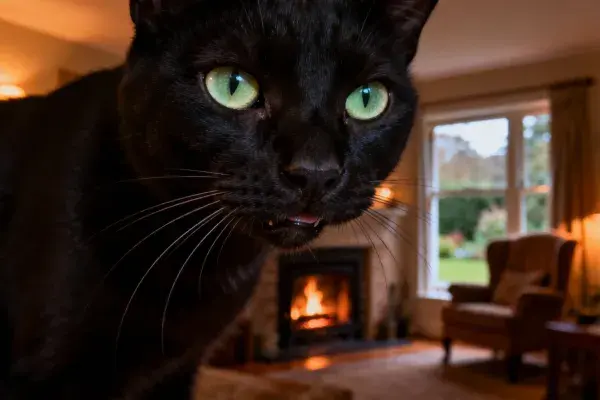 暖光客厅里的短毛黑猫