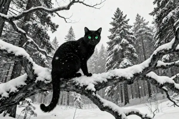 雪地森林里的黑短毛家猫