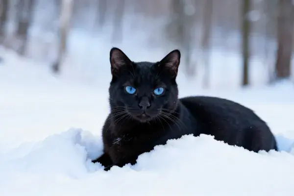 雪地中蓝眼睛短毛黑猫休憩图