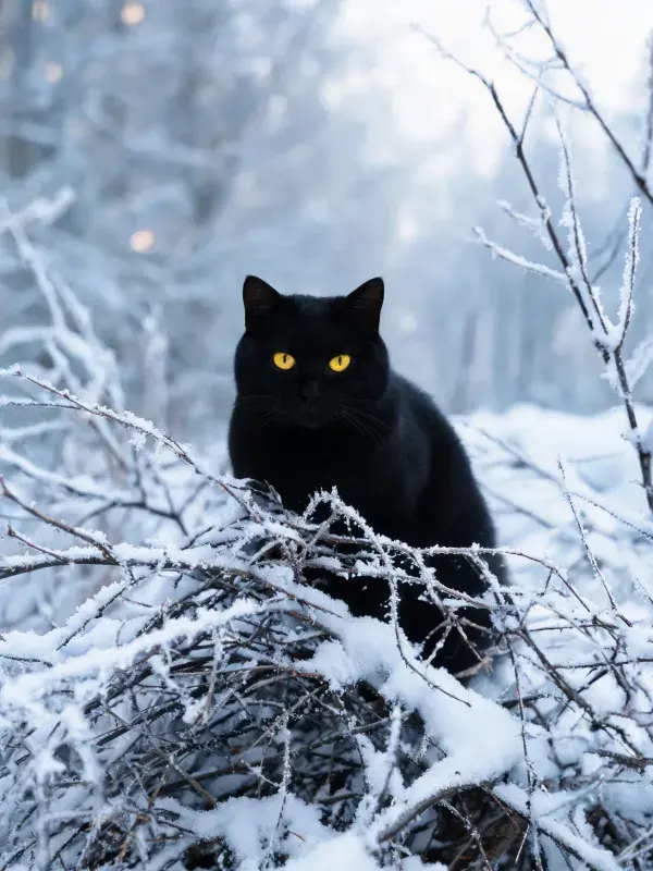 雪地枯枝间短毛家猫凝视图景
