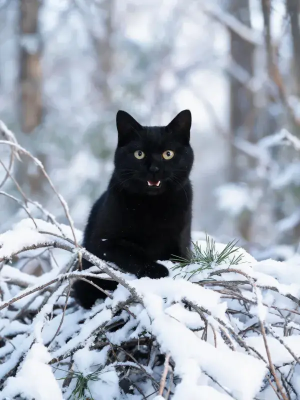 短毛家猫于雪枝间的停留状态