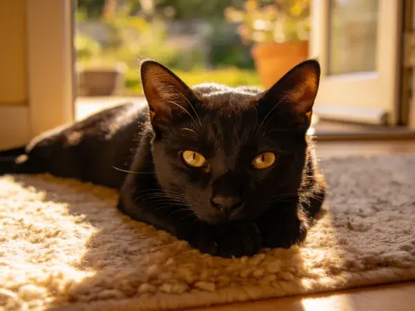 阳光下室内地毯上的短毛黑猫场景