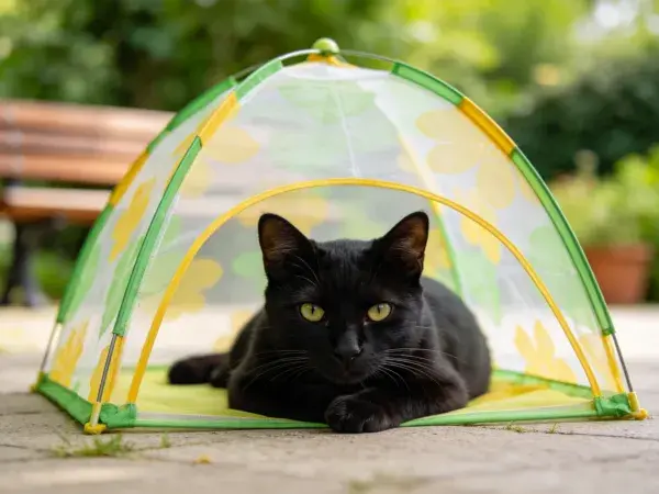 短毛家猫在折叠帐篷内休息