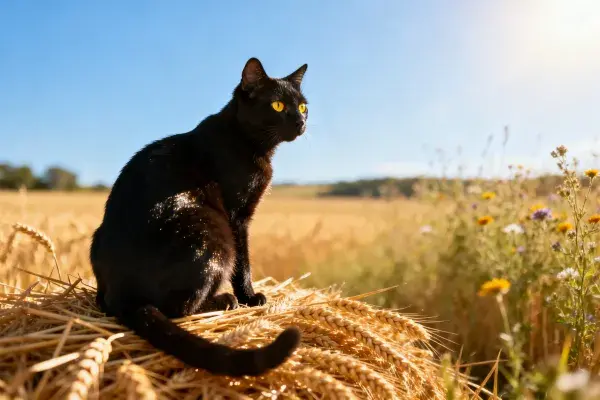 短毛家猫与麦田麦穗的特写场景