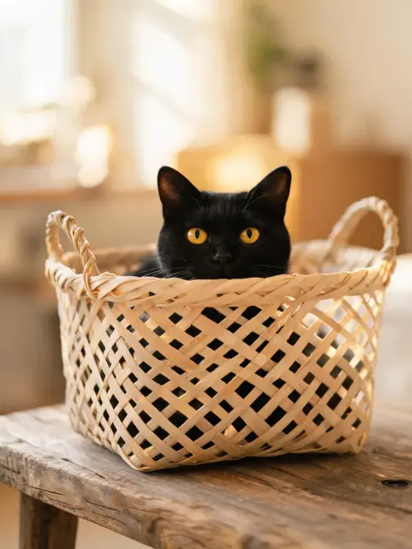 室内暖光下的短毛黑猫与藤编篮子场景