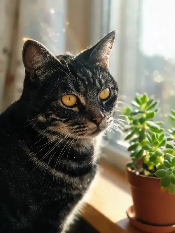 窗边暖光下黑虎斑短毛猫图景