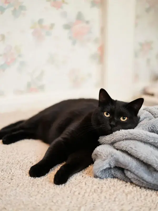 室内地毯上短毛家猫的休憩画面