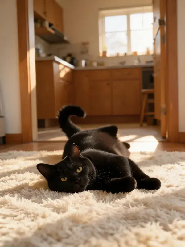 阳光明亮厨房内黑短毛猫的休憩景象