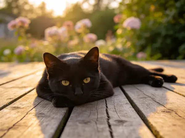 阳光下木平台上的短毛黑猫休憩场景