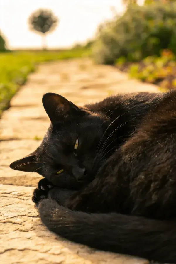 户外石板路上的短毛家猫