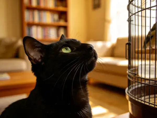 短毛家猫注视鸟笼室内场景