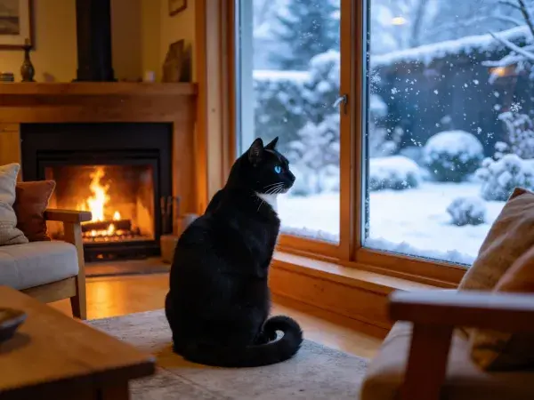 窗边短毛黑猫观察雪景场景