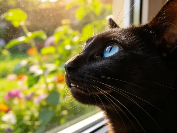 窗边黑色蓝眼睛猫咪观察户外景色