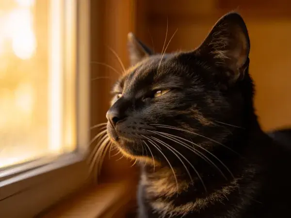 阳光下玳瑁色短毛猫望向窗外场景