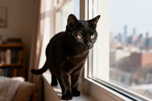 黑色短毛猫凝视窗台处