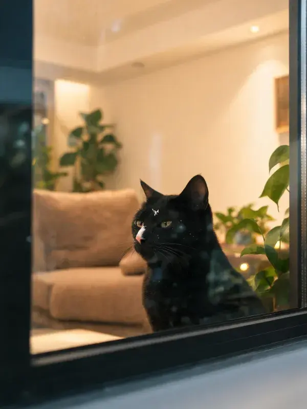 窗边暖光下的黑鼻白额短毛家猫
