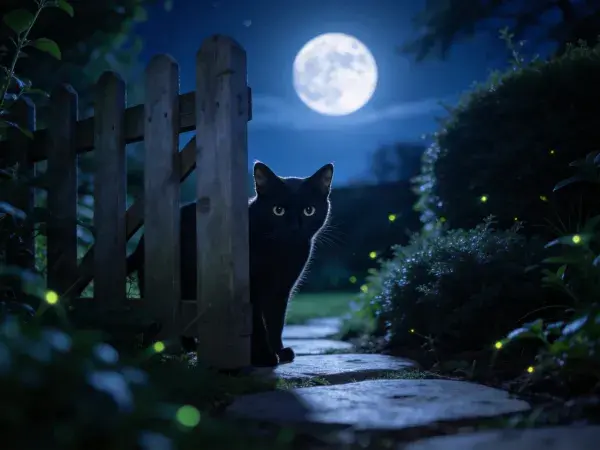 月光下木栅栏旁的短毛黑猫