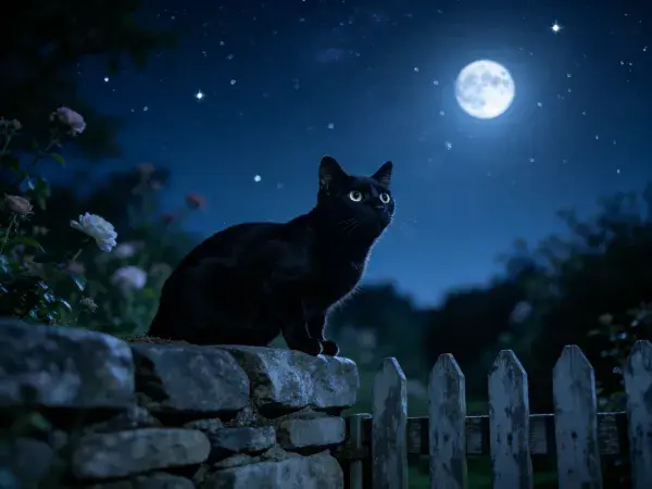 露天石墙上夜视的黑猫场景